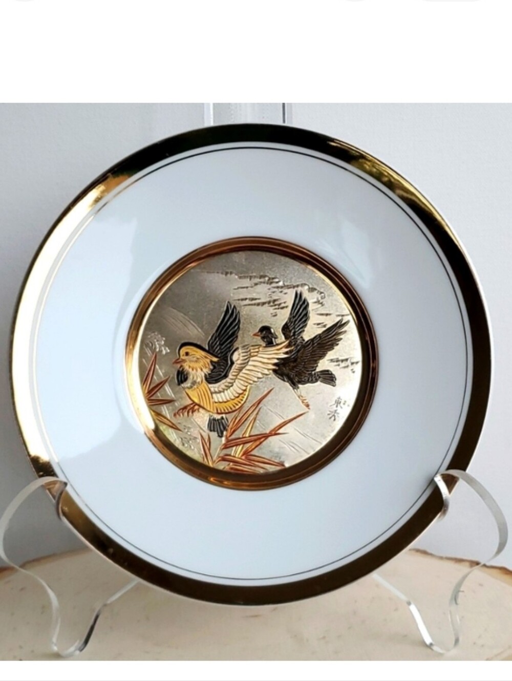 Vintage Japanese Chokin Metal Engraved Gilded Plate with Gold and Silver Bird